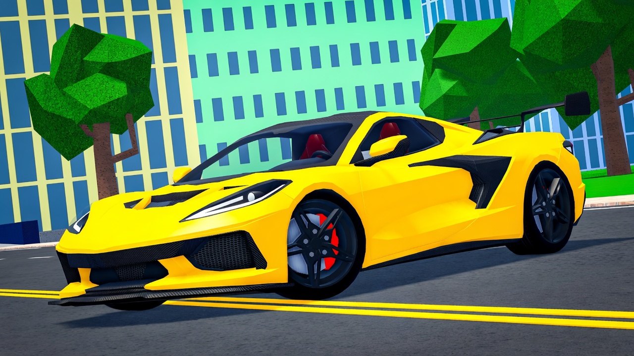 Yellow sports car from Car Dealership Tycoon parked on a city street with low-poly trees and apartment towers behind it